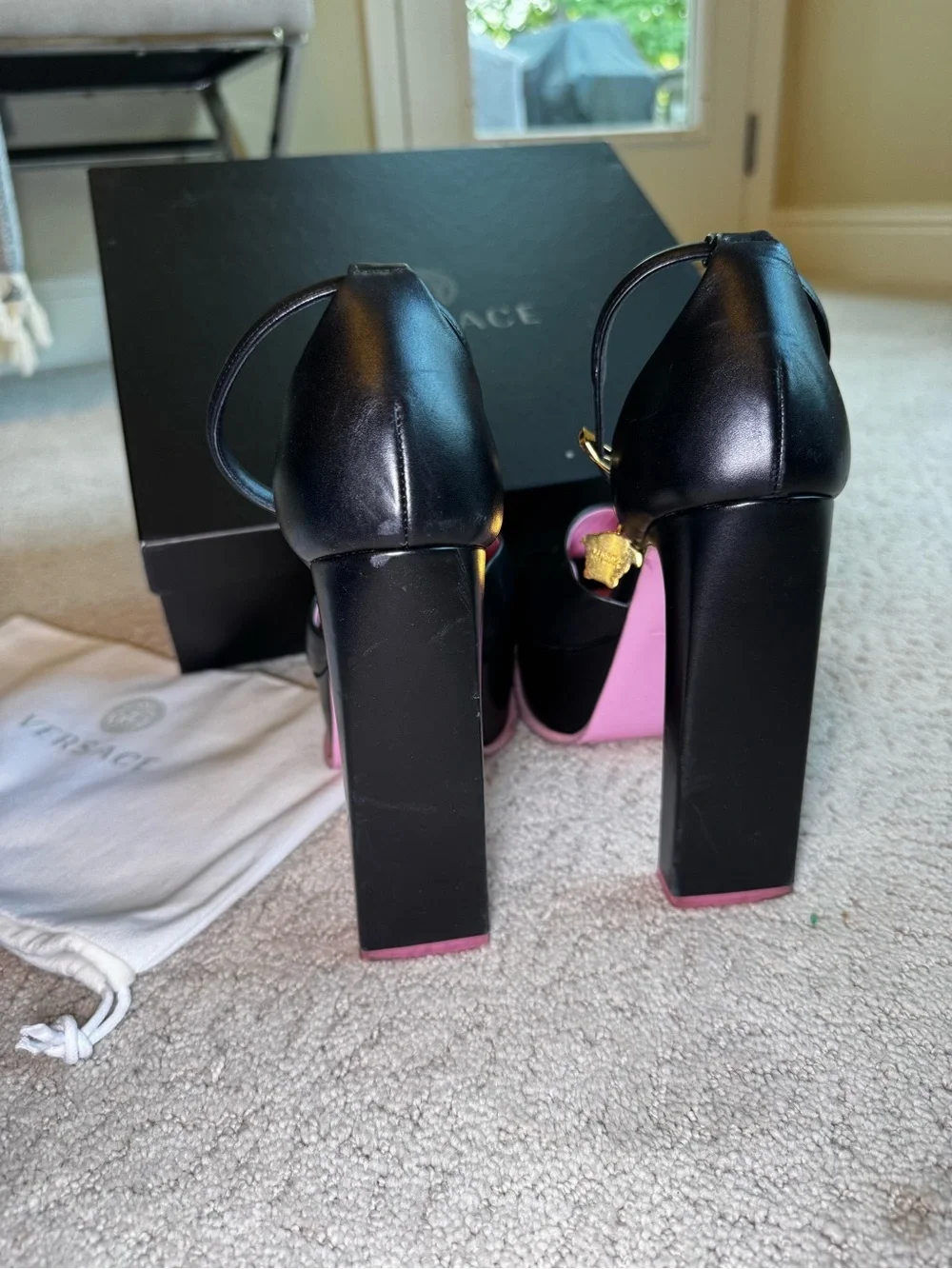 Versace Black Leather Platform Sandals with Medusa Charm & Pink Insoles Size 6